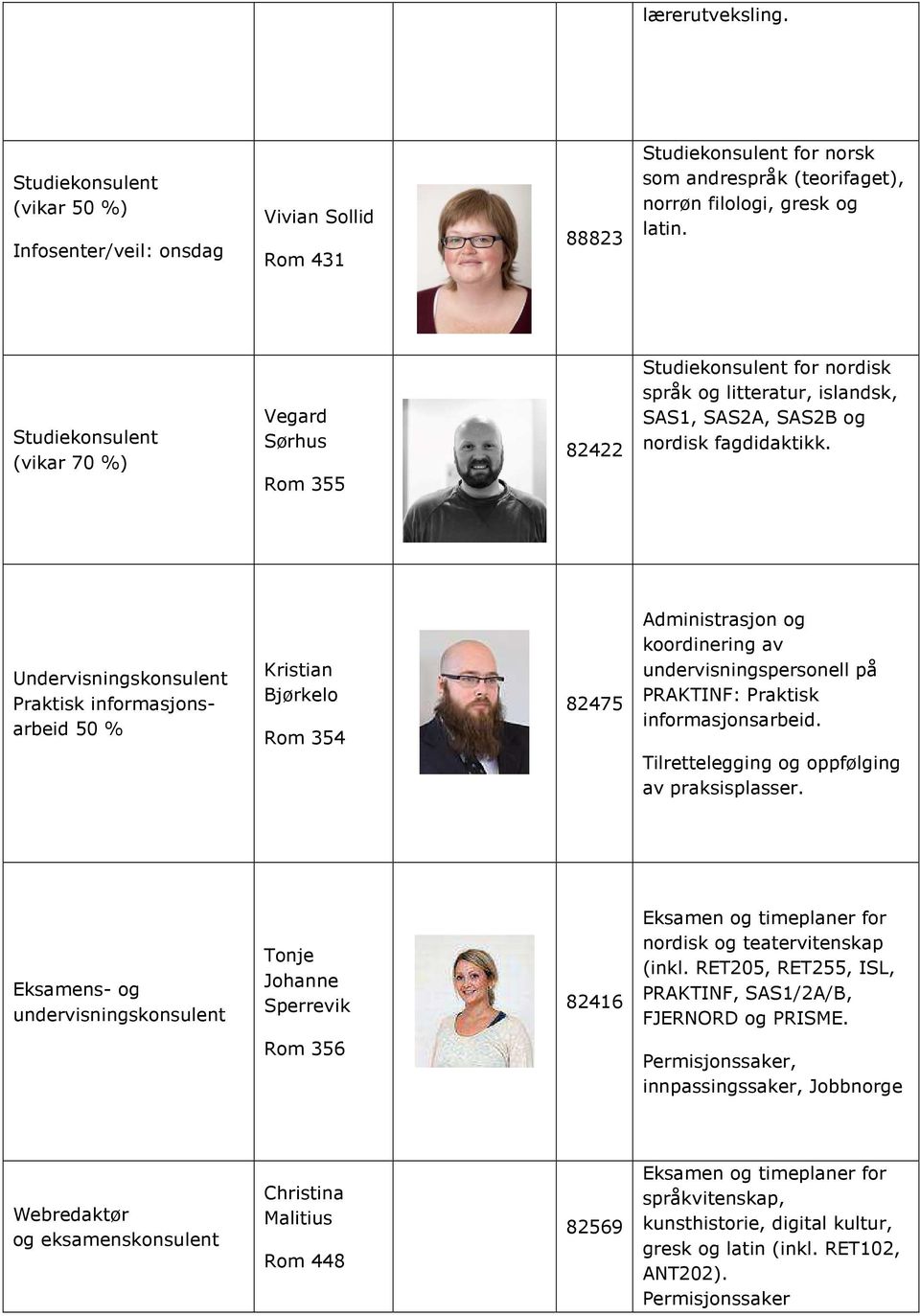 Undervisningskonsulent Praktisk informasjonsarbeid 50 % Kristian Bjørkelo Rom 354 82475 Administrasjon og koordinering av undervisningspersonell på PRAKTINF: Praktisk informasjonsarbeid.