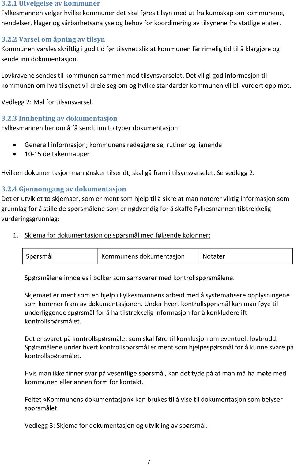 Lovkravene sendes til kommunen sammen med tilsynsvarselet. Det vil gi god informasjon til kommunen om hva tilsynet vil dreie seg om og hvilke standarder kommunen vil bli vurdert opp mot.