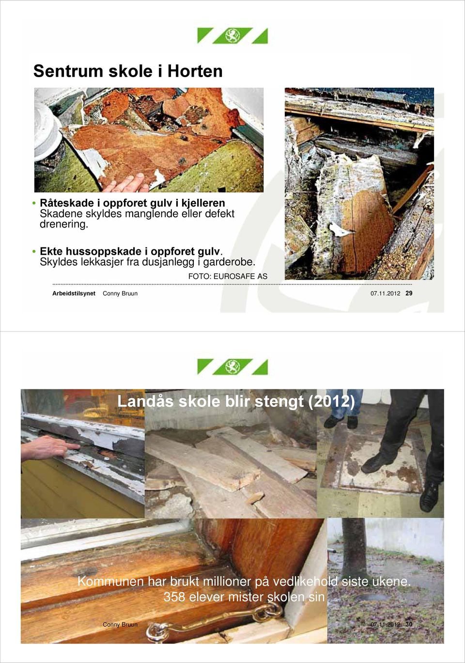 Skyldes lekkasjer fra dusjanlegg i garderobe. FOTO: EUROSAFE AS Conny Bruun 07.11.