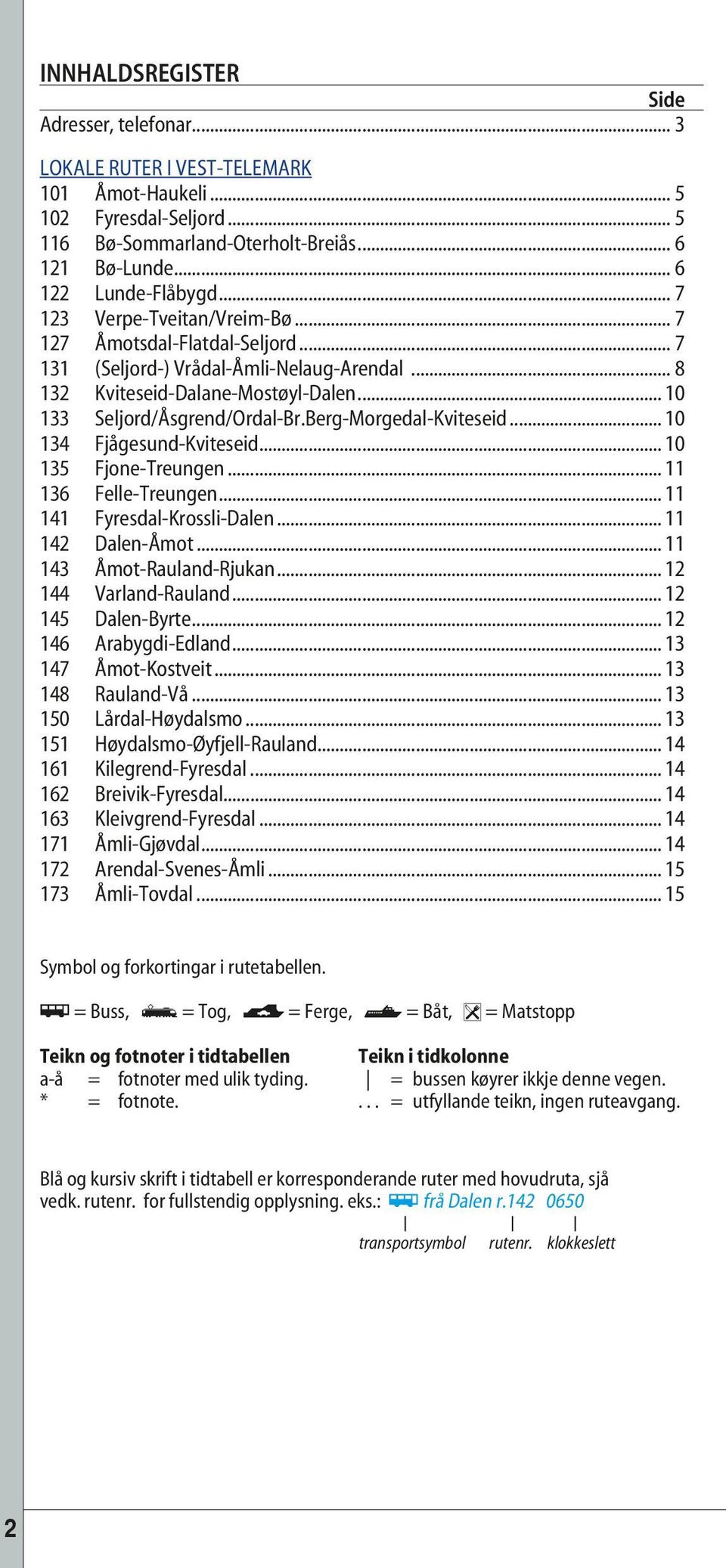 Berg-Morgedal-Kviteseid... 10 134 Fjågesund-Kviteseid... 10 135 Fjone-Treungen... 11 136 Felle-Treungen... 11 141 Fyresdal-Krossli-Dalen... 11 142 Dalen-Åmot... 11 143 Åmot-Rauland-Rjukan.