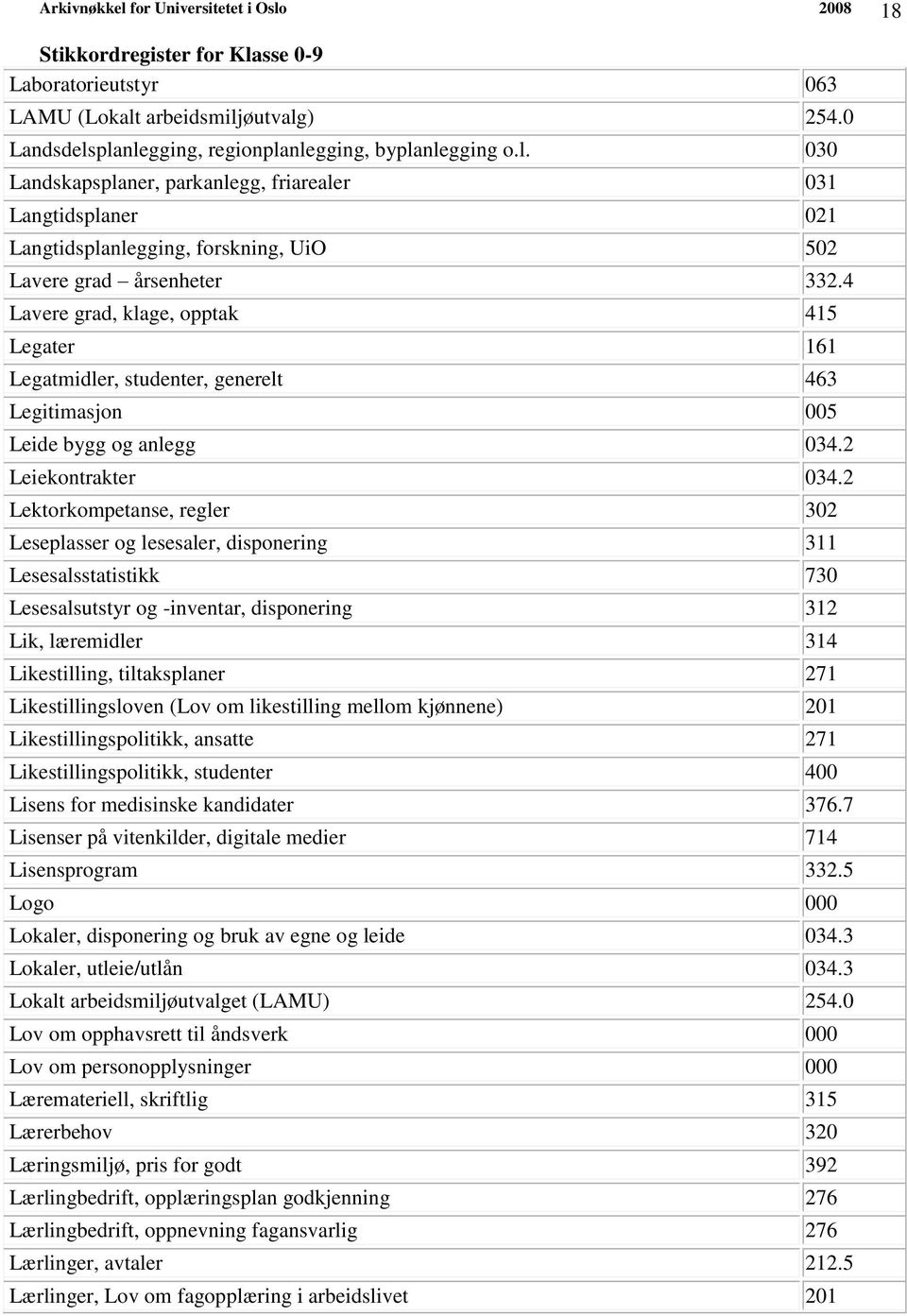 2 Lektorkompetanse, regler 302 Leseplasser og lesesaler, disponering 311 Lesesalsstatistikk 730 Lesesalsutstyr og -inventar, disponering 312 Lik, læremidler 314 Likestilling, tiltaksplaner 271