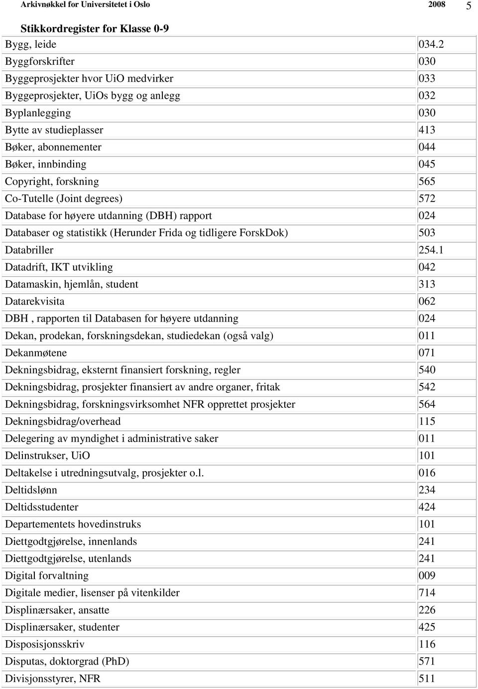 Copyright, forskning 565 Co-Tutelle (Joint degrees) 572 Database for høyere utdanning (DBH) rapport 024 Databaser og statistikk (Herunder Frida og tidligere ForskDok) 503 Databriller 254.