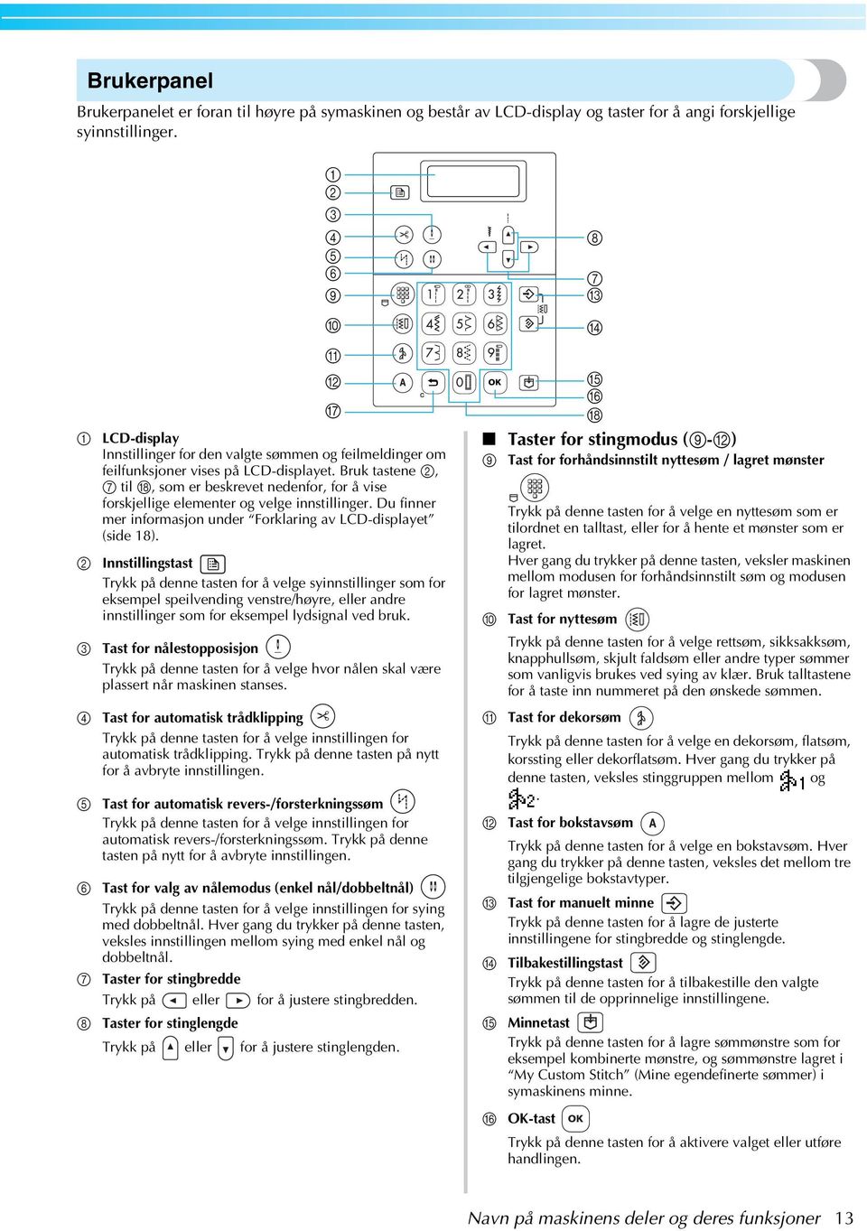 Bruk tstene, g til r, som er eskrevet nedenfor, for å vise forskjellige elementer og velge innstillinger. Du finner mer informsjon under Forklring v LCD-displyet (side 8).