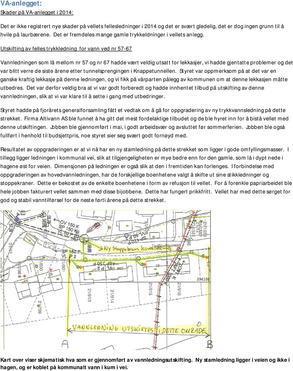 Utskifting av felles trykkledning for vann ved nr 57-67 Vannledningen som lå mellom nr 57 og nr 67 hadde vært veldig utsatt for lekkasjer, vi hadde gjentatte problemer og det var blitt verre de siste