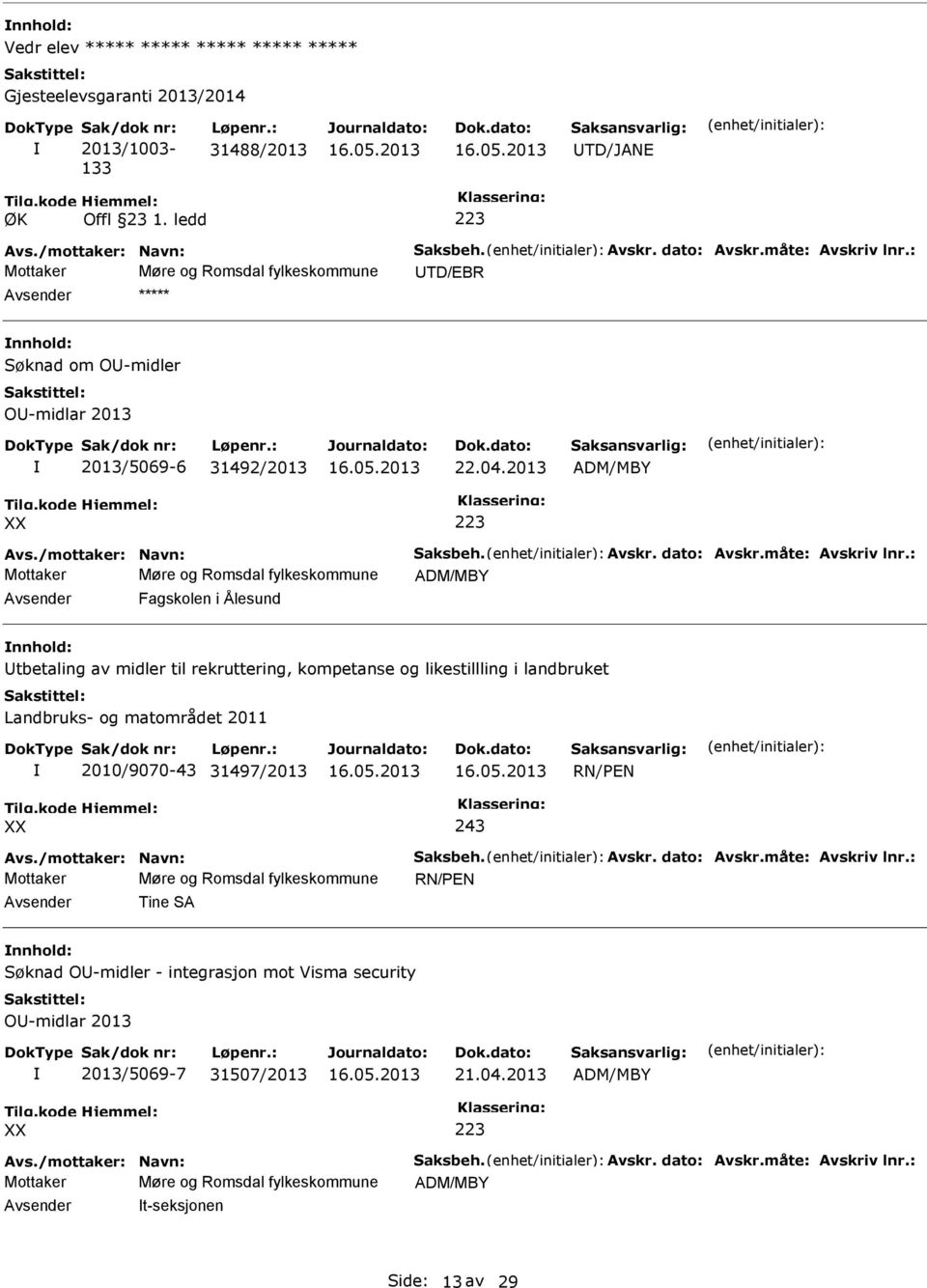 måte: Avskriv lnr.: Fagskolen i Ålesund tbetaling av midler til rekruttering, kompetanse og likestillling i landbruket Landbruks- og matområdet 2011 2010/9070-43 31497/2013 RN/PEN 243 Avs.