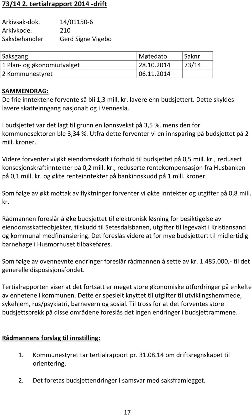 Utfra dette forventer vi en innsparing på budsjettet på 2 mill. kroner. Videre forventer vi økt eiendomsskatt i forhold til budsjettet på 0,5 mill. kr., redusert konsesjonskraftinntekter på 0,2 mill.