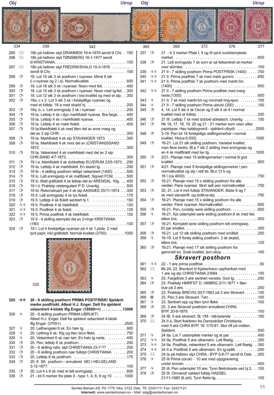 Minst 6 stk (i c-nyanse og 2 i a). Normalkvalitet...................600 299 18. Lot 18 stk 3 sk i nyanser. Noen med feil.............400 300 18. Lot 15 stk 3 sk posthorn i nyanser. Noen med tg-feil.