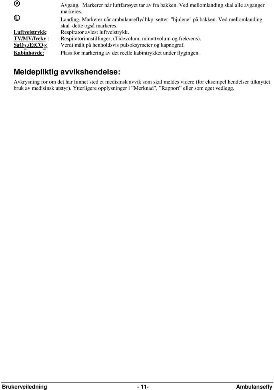 Respiratorinnstillinger, (Tidevolum, minuttvolum og frekvens). Verdi målt på henholdsvis pulsoksymeter og kapnograf. Plass for markering av det reelle kabintrykket under flygingen.