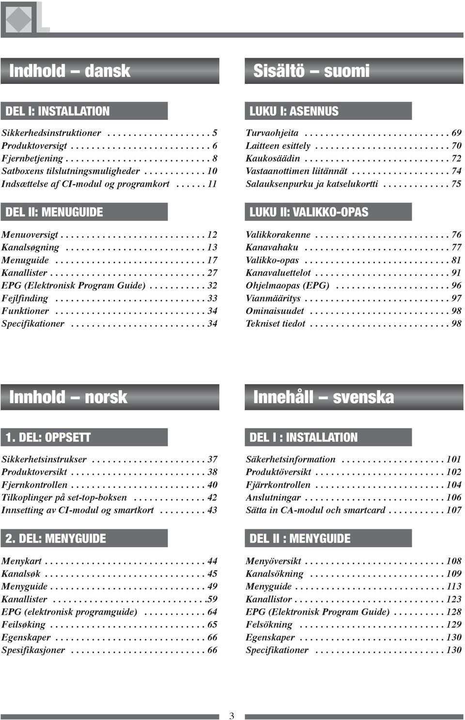 ............................. 27 EPG (Elektronisk Program Guide)........... 32 Fejlfinding............................. 33 Funktioner............................. 34 Specifikationer.