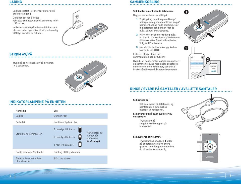 Slik kobler du enheten til telefonen: Begynn når enheten er slått på. 1. Trykk på og hold knappen Demp/ spill/pause og knappen Strøm av/på/ sammenkobling nede samtidig.