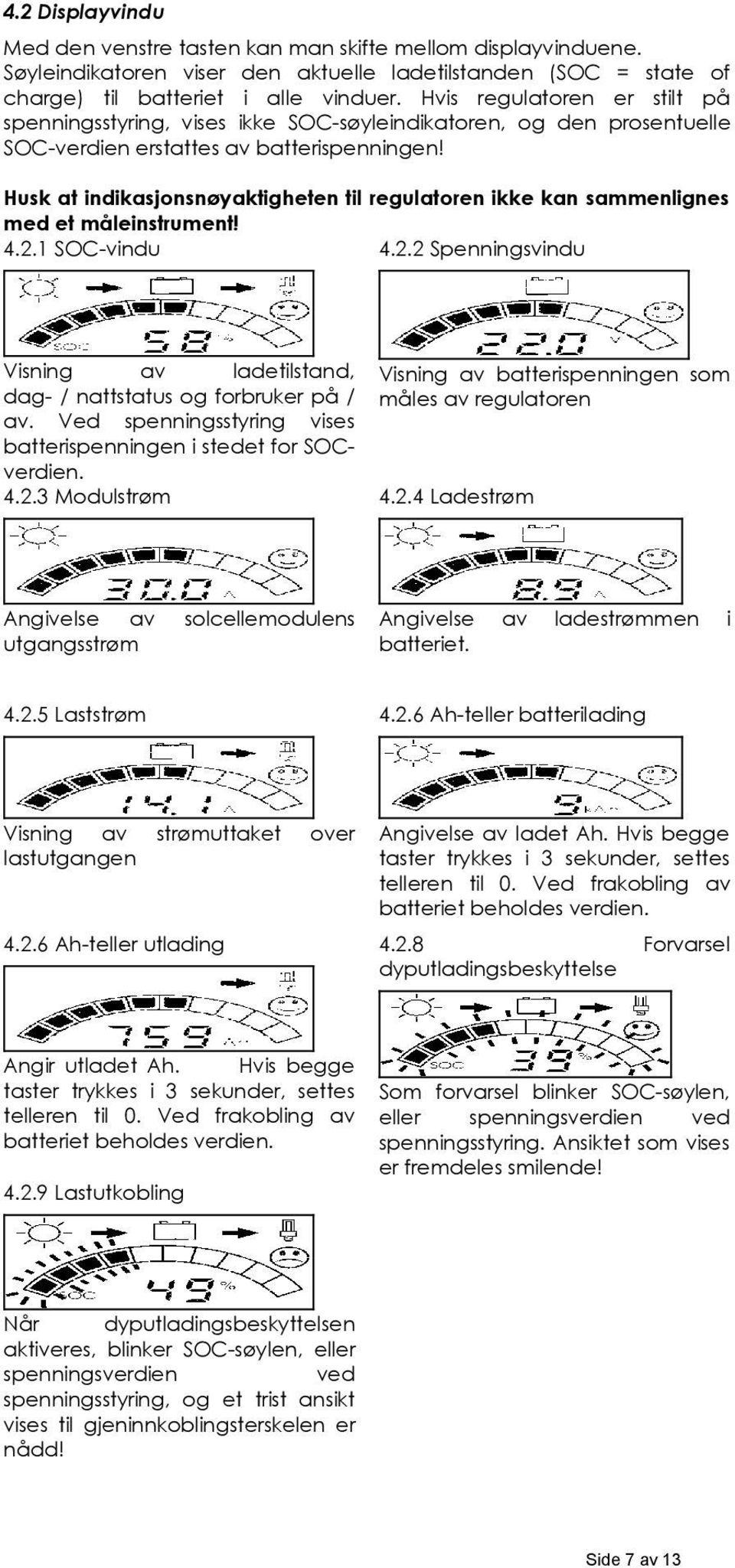 Husk at indikasjonsnøyaktigheten til regulatoren ikke kan sammenlignes med et måleinstrument! 4.2.1 SOC-vindu 4.2.2 Spenningsvindu Visning av ladetilstand, dag- / nattstatus og forbruker på / av.