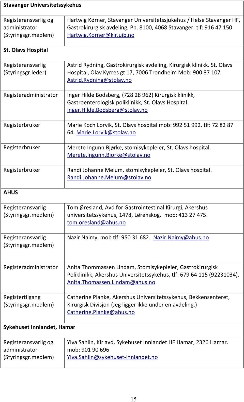 leder) Registeradministrator Astrid Rydning, Gastrokirurgisk avdeling, Kirurgisk klinikk. St. Olavs Hospital, Olav Kyrres gt 17, 7006 Trondheim Mob: 900 87 107. Astrid.Rydning@stolav.