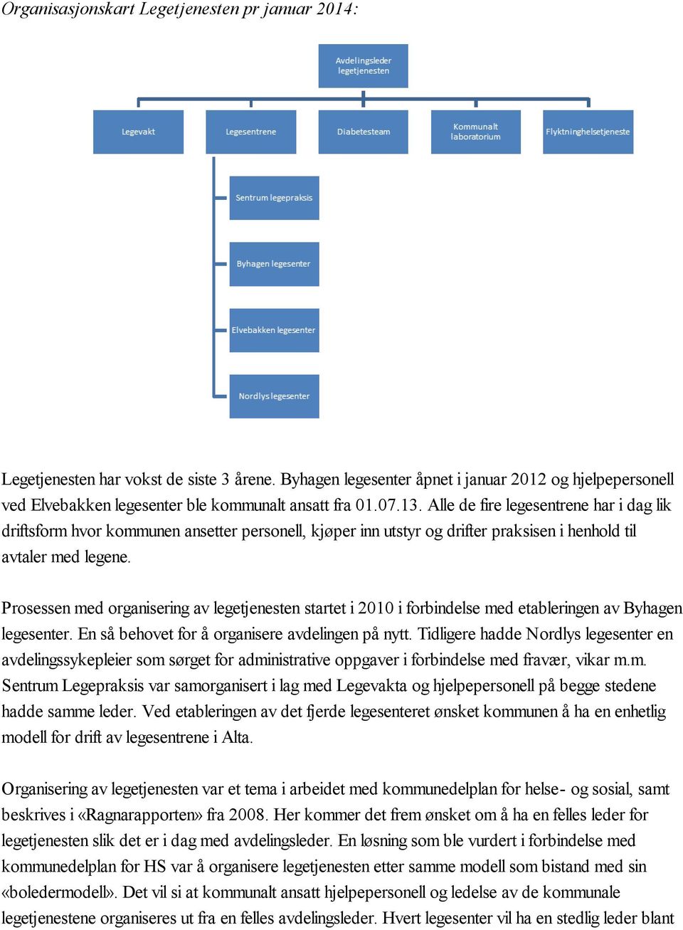 Alle de fire legesentrene har i dag lik driftsform hvor kommunen ansetter personell, kjøper inn utstyr og drifter praksisen i henhold til avtaler med legene.