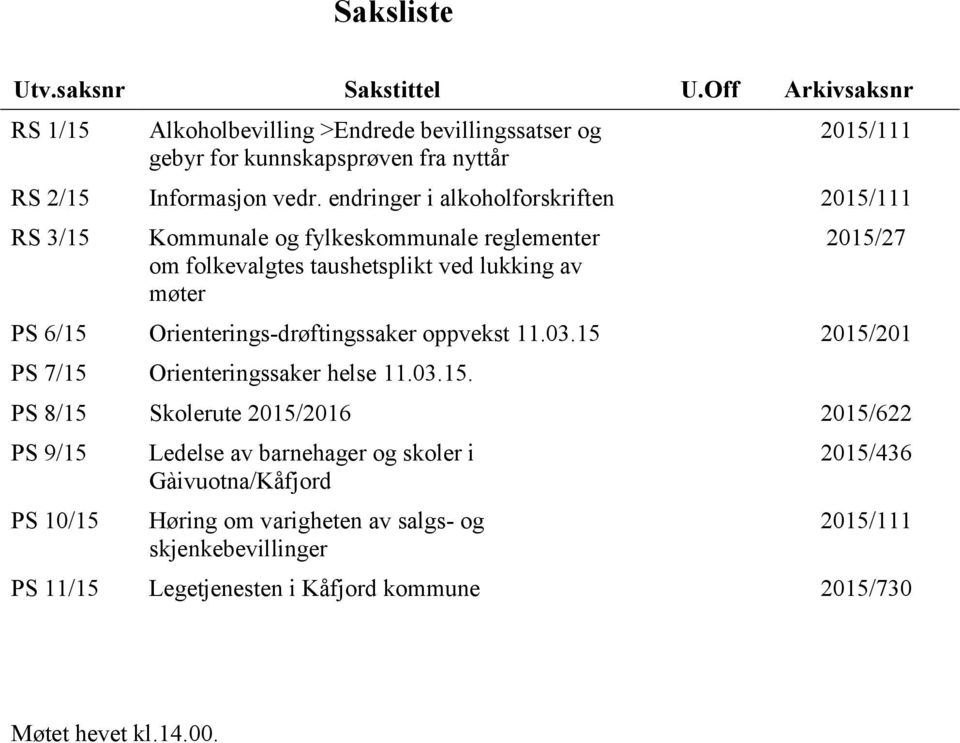 endringer i alkoholforskriften 2015/111 RS 3/15 Kommunale og fylkeskommunale reglementer om folkevalgtes taushetsplikt ved lukking av møter 2015/27 PS 6/15