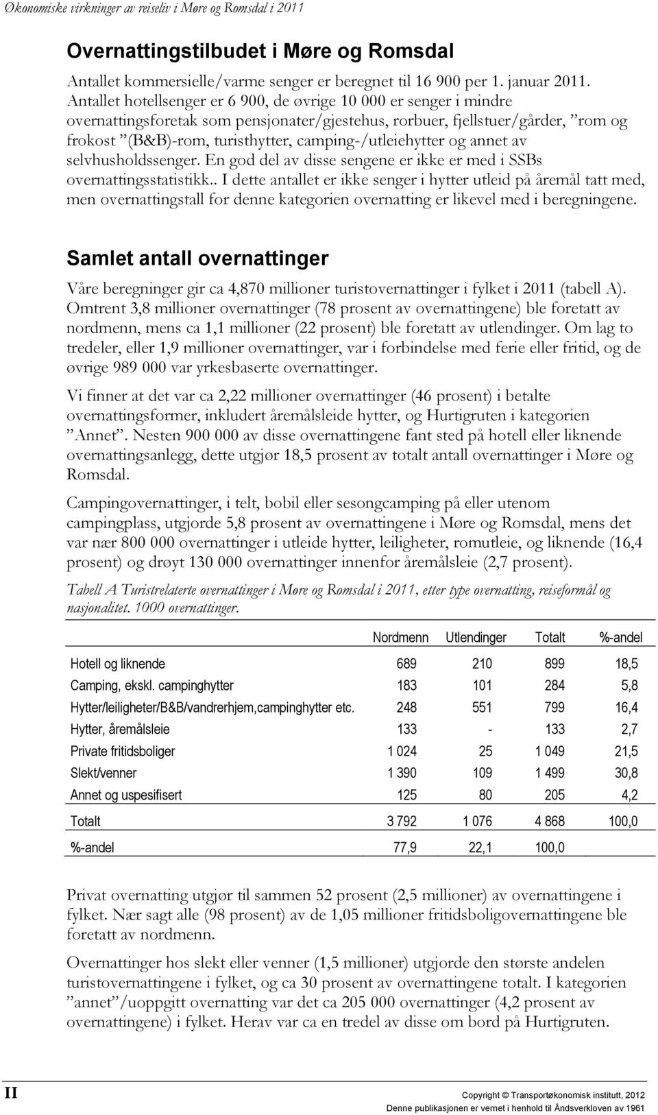 camping-/utleiehytter og annet av selvhusholdssenger. En god del av disse sengene er ikke er med i SSBs overnattingsstatistikk.