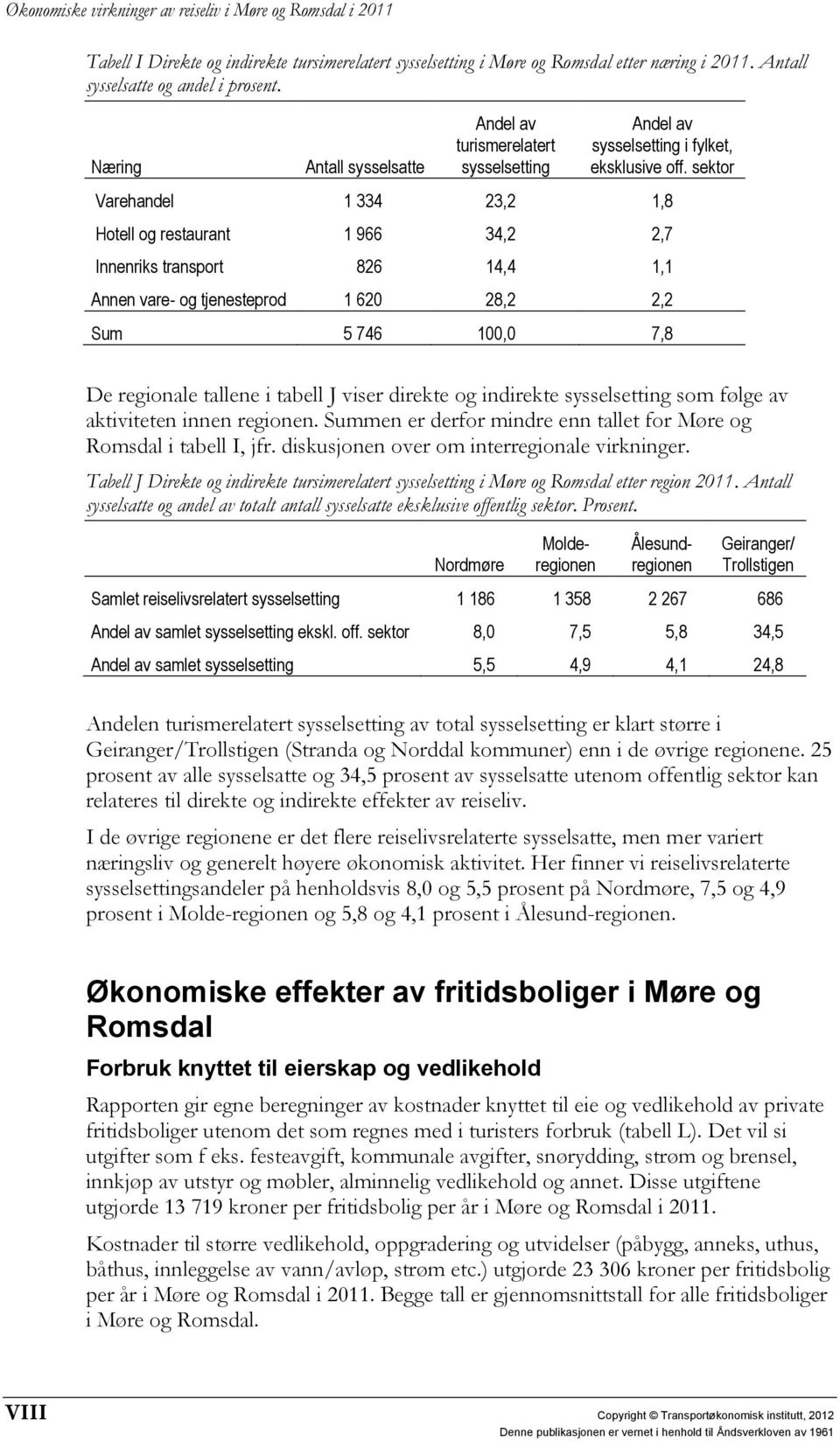 sektor Varehandel 1 334 23,2 1,8 Hotell og restaurant 1 966 34,2 2,7 Innenriks transport 826 14,4 1,1 Annen vare- og tjenesteprod 1 620 28,2 2,2 Sum 5 746 100,0 7,8 De regionale tallene i tabell J