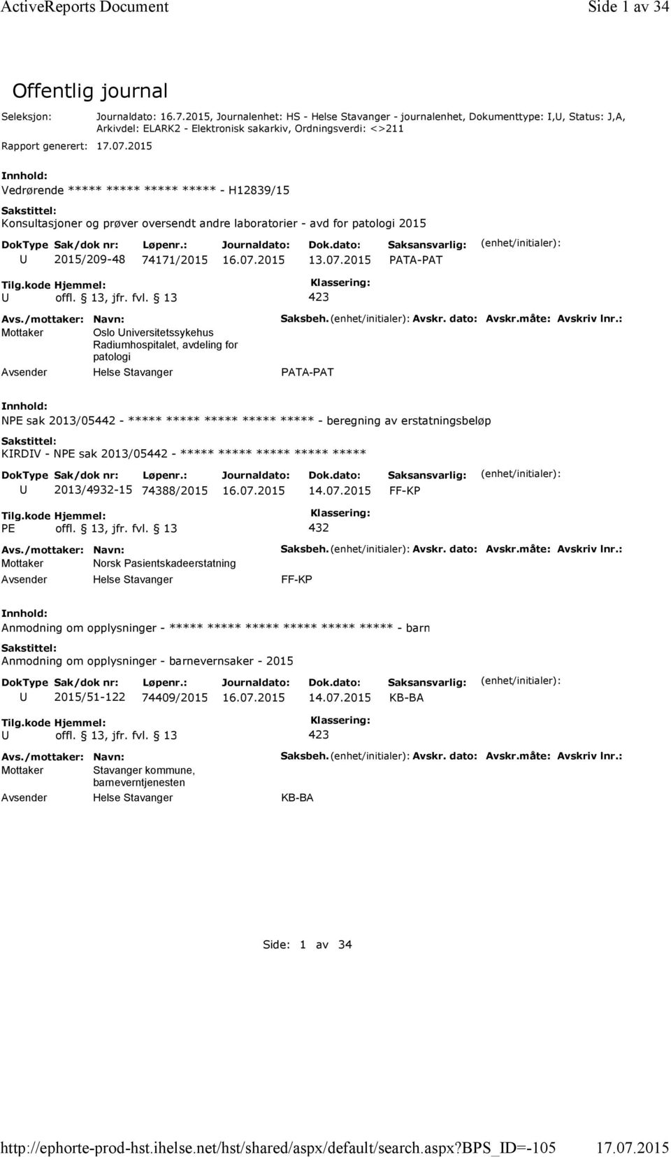 Konsultasjoner og prøver oversendt andre laboratorier - avd for patologi 2015 2015/209-48 74171/2015 13.07.