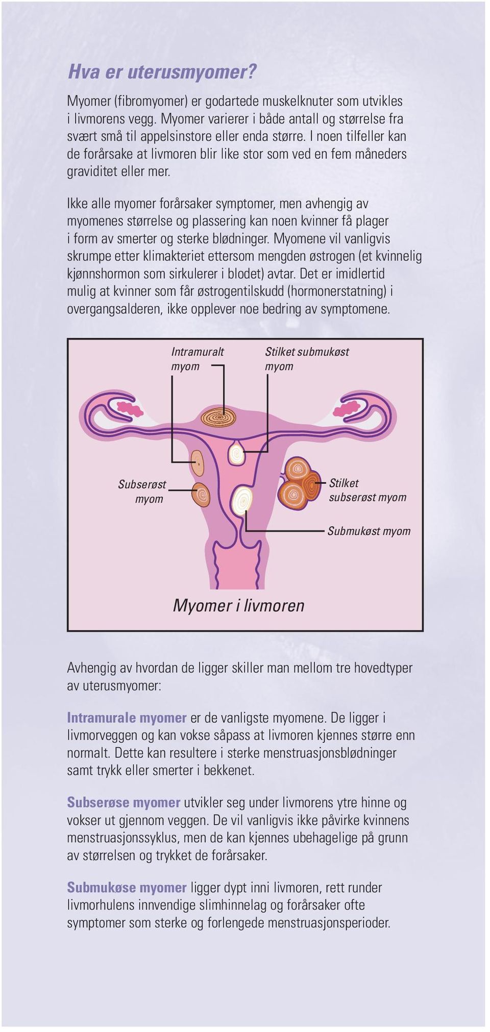 Ikke alle myomer forårsaker symptomer, men avhengig av myomenes størrelse og plassering kan noen kvinner få plager i form av smerter og sterke blødninger.