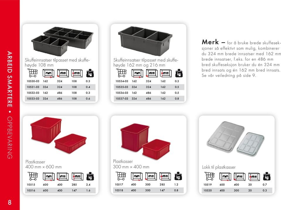 8 Plastkasser 300 mm 400 mm Lokk til plastkasser Merk for å bruke brede skuffeseksjoner så effektivt som mulig, kombinerer du 324 mm brede innsatser med 162 mm brede innsatser, f.eks. for en 486 mm bred skuffeseksjon bruker du én 324 mm bred innsats og én 162 mm bred innsats.