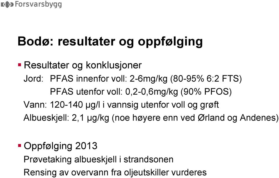 vannsig utenfor voll og grøft Albueskjell: 2,1 µg/kg (noe høyere enn ved Ørland og Andenes)