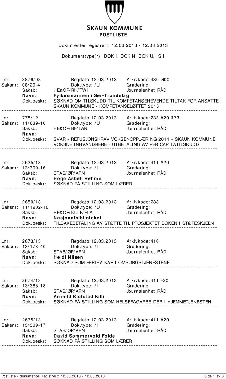 Regdato:12.03.2013 Arkivkode:233 A20 &73 Saksnr: 11/639-10 Dok.