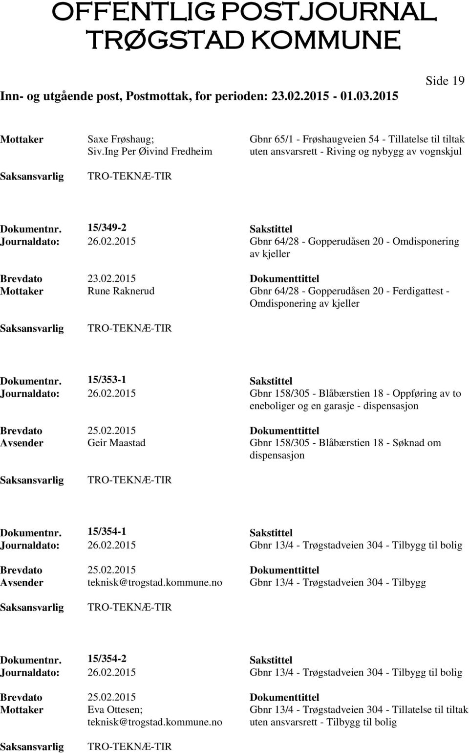 2015 Gbnr 64/28 - Gopperudåsen 20 - Omdisponering av kjeller Mottaker Rune Raknerud Gbnr 64/28 - Gopperudåsen 20 - Ferdigattest - Omdisponering av kjeller Dokumentnr.