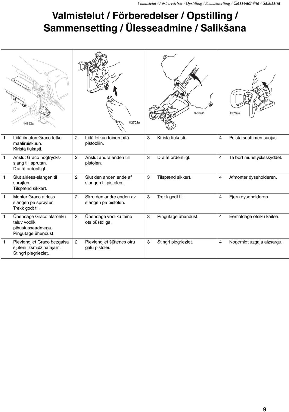 1 Monter Graco airless slangen på sprøyten Trekk godt til. 1 Ühendage Graco alarõhku taluv voolik pihustusseadmega. Pingutage ühendust. 1 Pievienojiet Graco bezgaisa ðïûteni izsmidzinâtâjam.