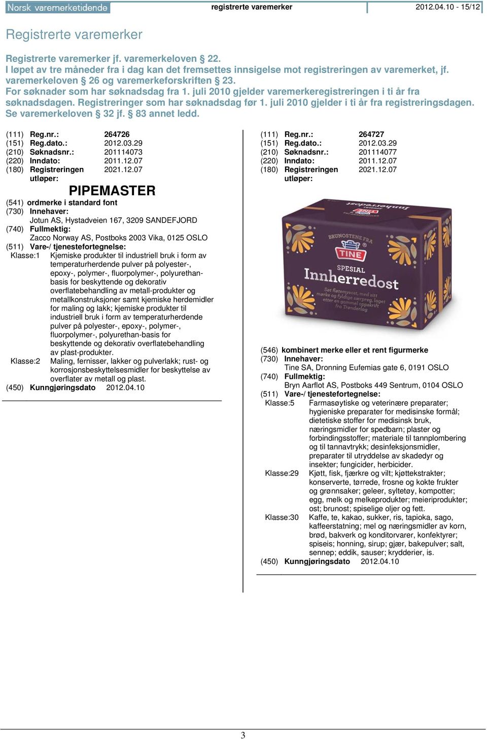 juli 2010 gjelder varemerkeregistreringen i ti år fra søknadsdagen. Registreringer som har søknadsdag før 1. juli 2010 gjelder i ti år fra registreringsdagen. Se varemerkeloven 32 jf. 83 annet ledd.