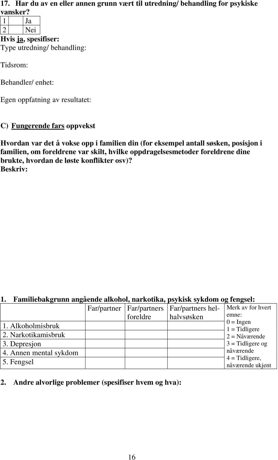 familien, om foreldrene var skilt, hvilke oppdragelsesmetoder foreldrene dine brukte, hvordan de løste konflikter osv)? Beskriv: 1.