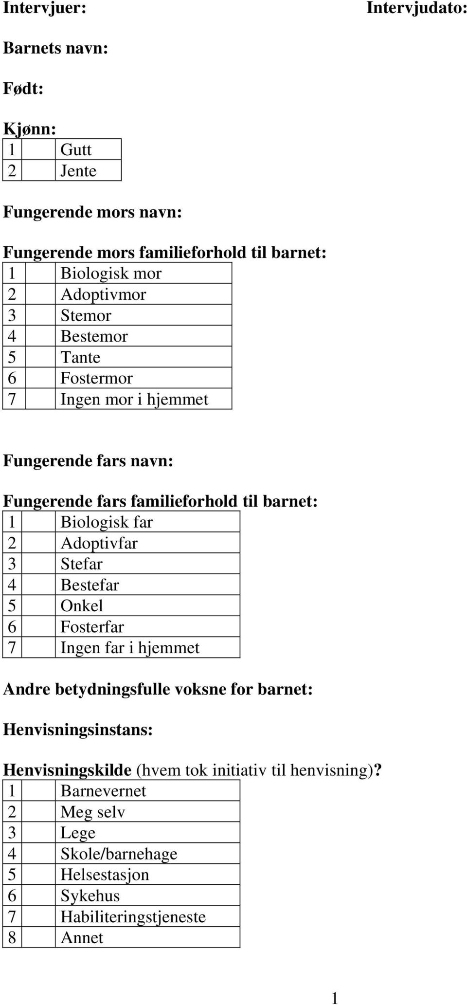 far 2 Adoptivfar 3 Stefar 4 Bestefar 5 Onkel 6 Fosterfar 7 Ingen far i hjemmet Andre betydningsfulle voksne for barnet: Henvisningsinstans: