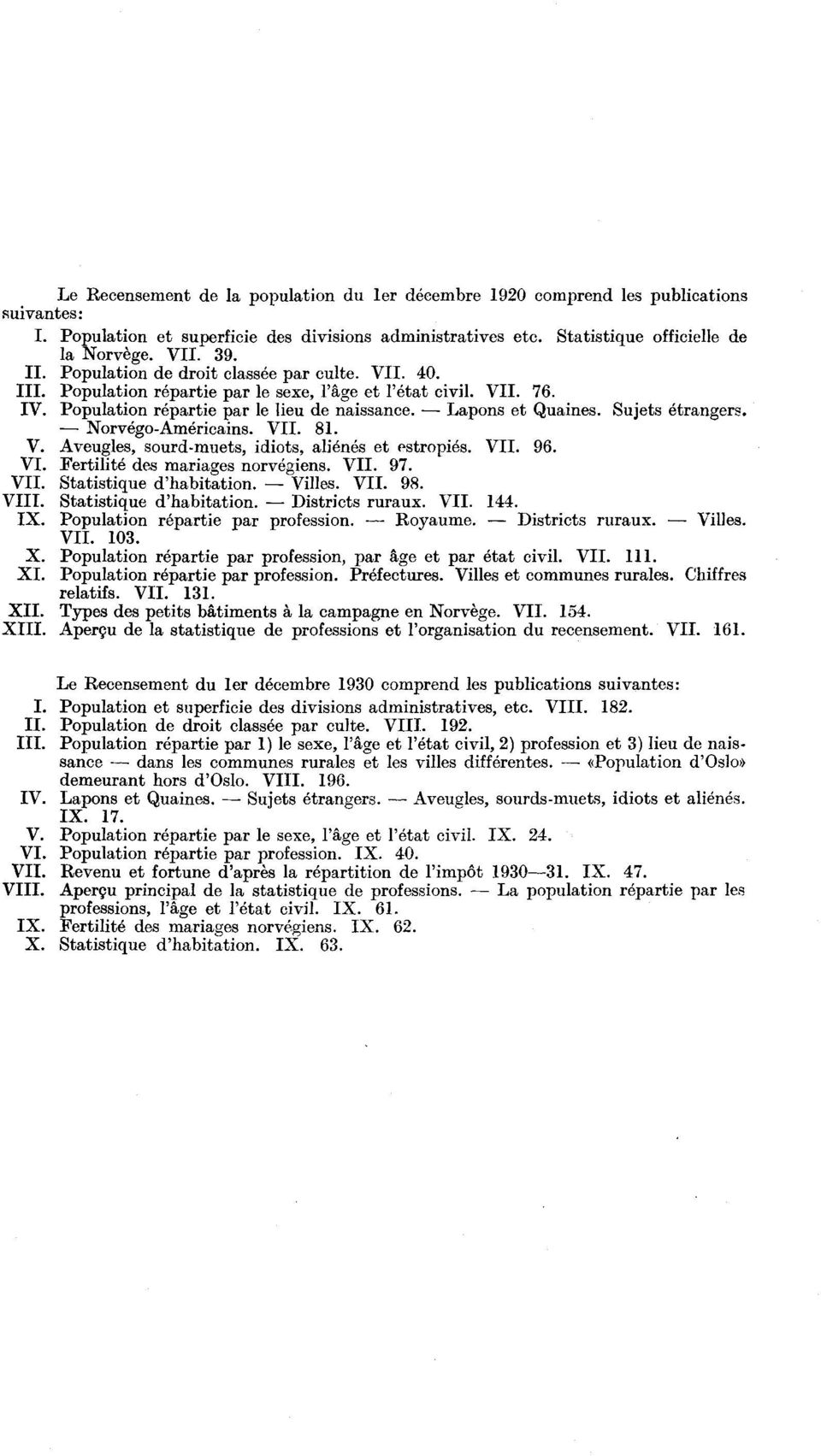 Norvégo-Américais. VII.. V. Aveugles, sourd-muets, idiots, aliéés et estropiés. VII.. VI. Fertilité des mariages orvégies. VII.. VII. Statistique d'habitatio. Villes. VII.. VIII.