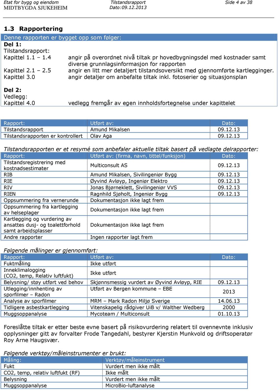 5 angir en litt mer detaljert tilstandsoversikt med gjennomførte kartlegginger. Kapittel 3.0 angir detaljer om anbefalte tiltak inkl. fotoserier og situasjonsplan Del 2: Vedlegg: Kapittel 4.