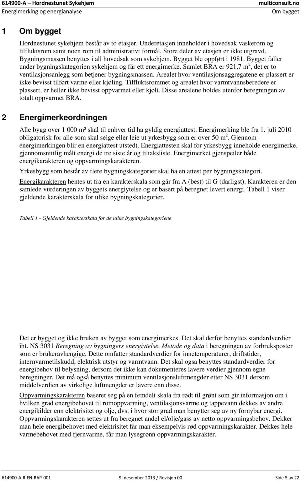 Bygget ble oppført i 1981. Bygget faller under bygningskategorien sykehjem og får ett energimerke. Samlet BRA er 921,7 m 2, det er to ventilasjonsanlegg som betjener bygningsmassen.