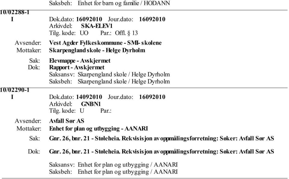 Avskjermet Saksansv: Skarpengland skole / Helge Dyrholm Saksbeh: Skarpengland skole / Helge Dyrholm 10/02290-1 I Dok.dato: 14092010 Jour.