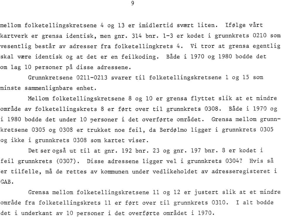 Både i 1970 og 1980 bodde det om lag 10 personer på disse adressene. Grunnkretsene 0211-0213 svarer til folketellingskretsene 1 og 15 som minste sanuenlignbare enhet.