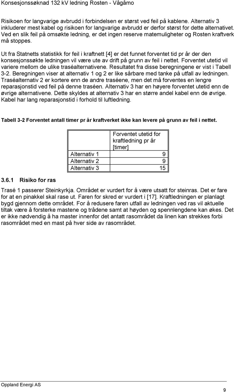 Ut fra Statnetts statistikk for feil i kraftnett [4] er det funnet forventet tid pr år der den konsesjonssøkte ledningen vil være ute av drift på grunn av feil i nettet.