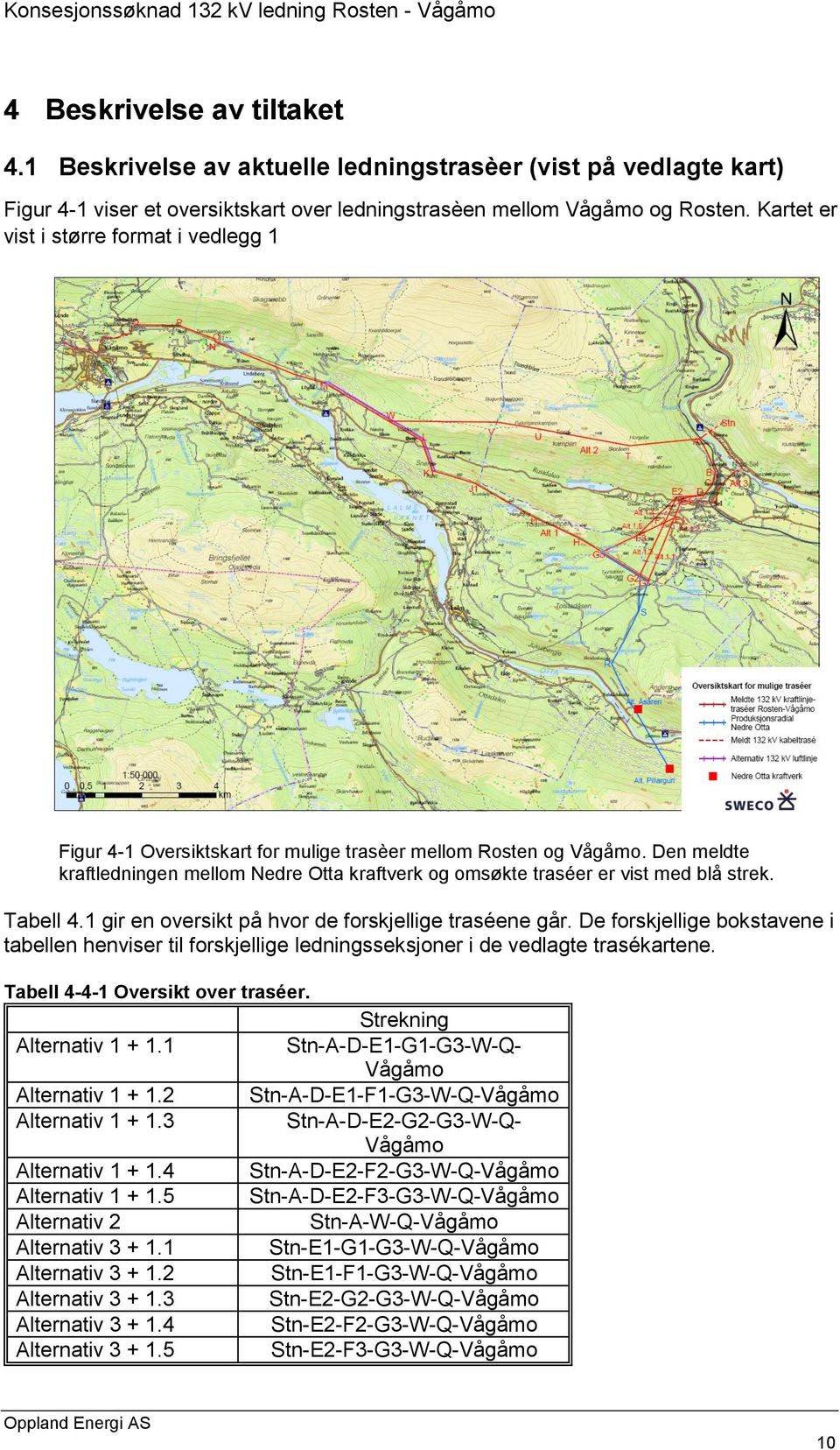 Den meldte kraftledningen mellom Nedre Otta kraftverk og omsøkte traséer er vist med blå strek. Tabell 4.1 gir en oversikt på hvor de forskjellige traséene går.