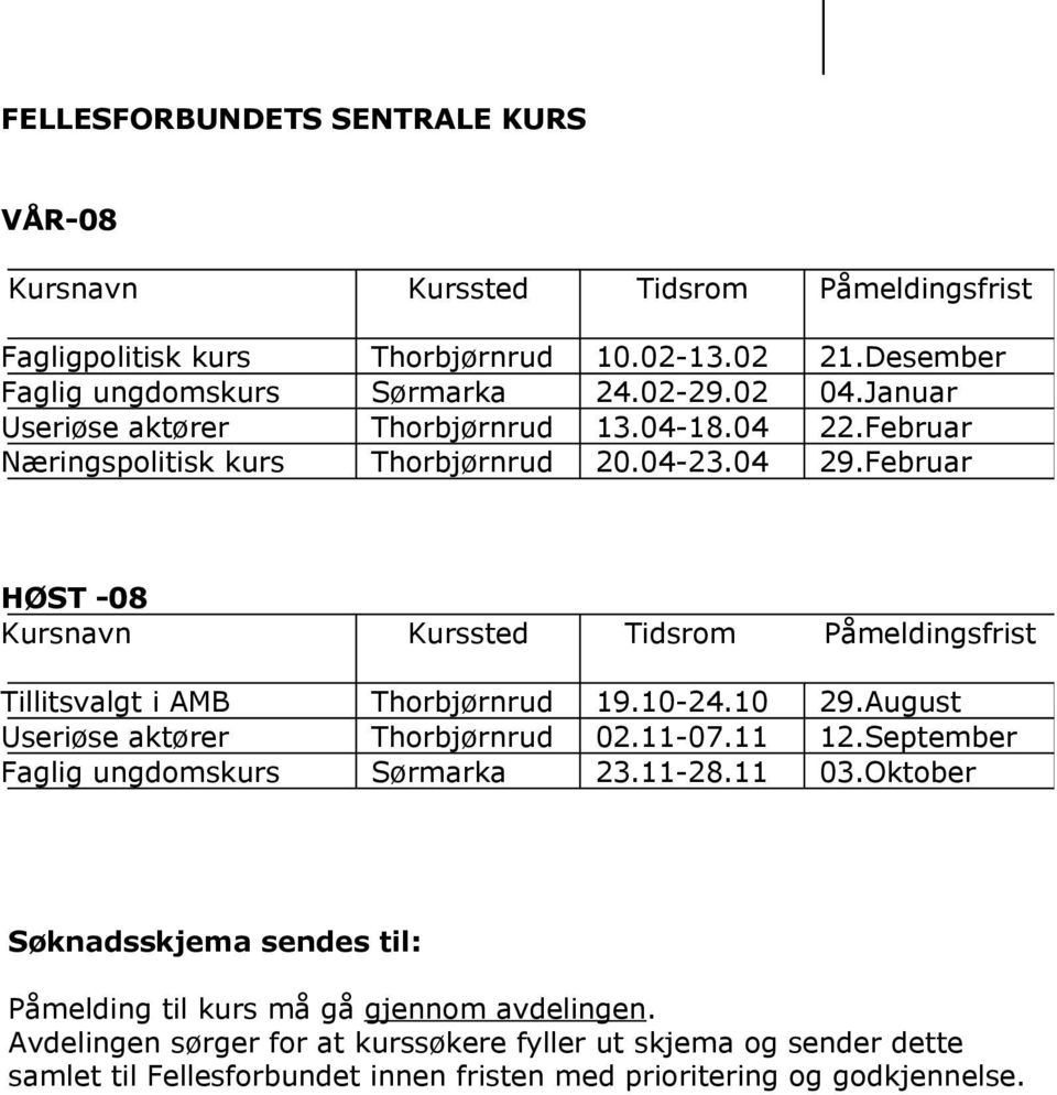 Februar HØST -08 Kursnavn Kurssted Tidsrom Påmeldingsfrist Tillitsvalgt i AMB Thorbjørnrud 19.10-24.10 29.August Useriøse aktører Thorbjørnrud 02.11-07.11 12.