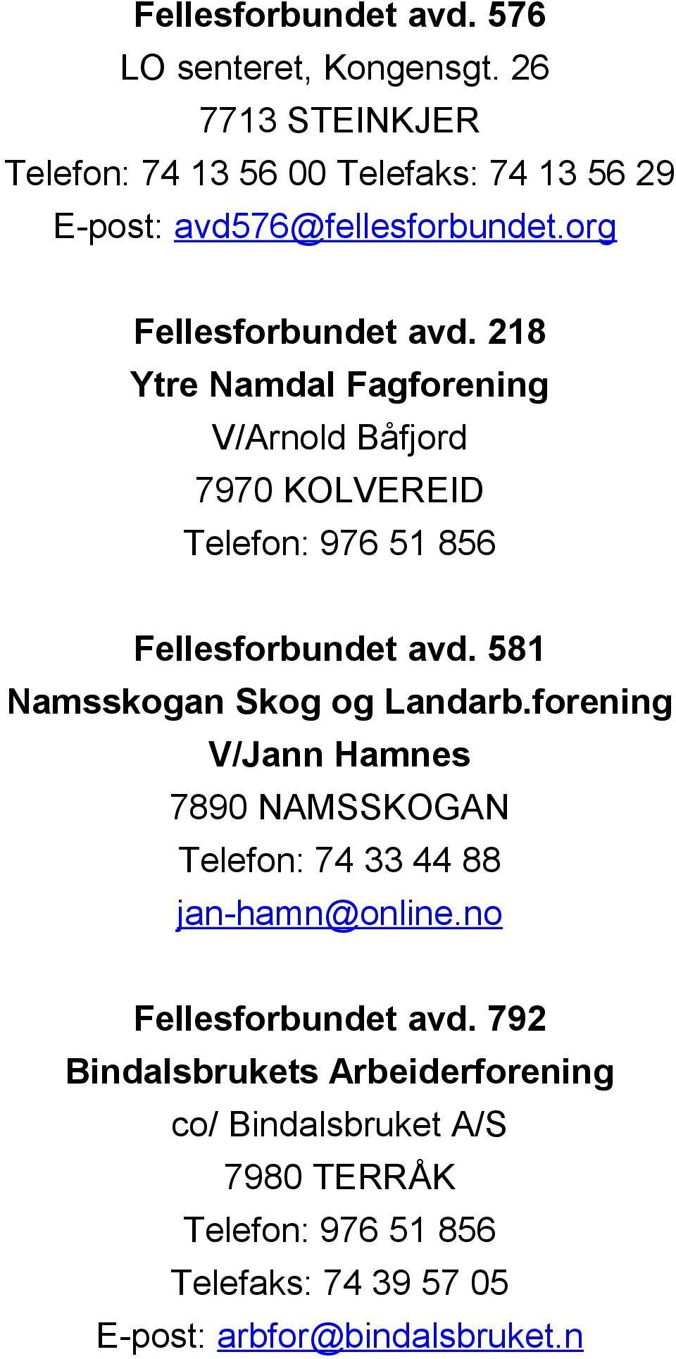 218 Ytre Namdal Fagforening V/Arnold Båfjord 7970 KOLVEREID Telefon: 976 51 856 Fellesforbundet avd. 581 Namsskogan Skog og Landarb.