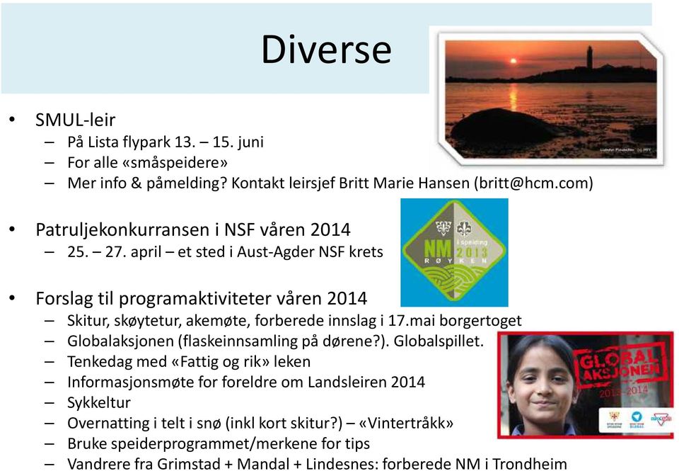 april et sted i Aust-AgderNSF krets Forslag til programaktiviteter våren 2014 Skitur, skøytetur, akemøte, forberede innslag i 17.