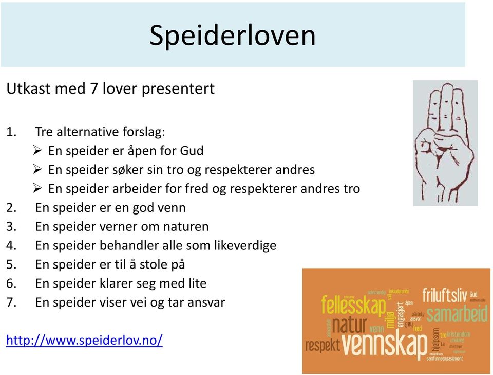 speider arbeider for fred og respekterer andres tro 2. En speider er en god venn 3.