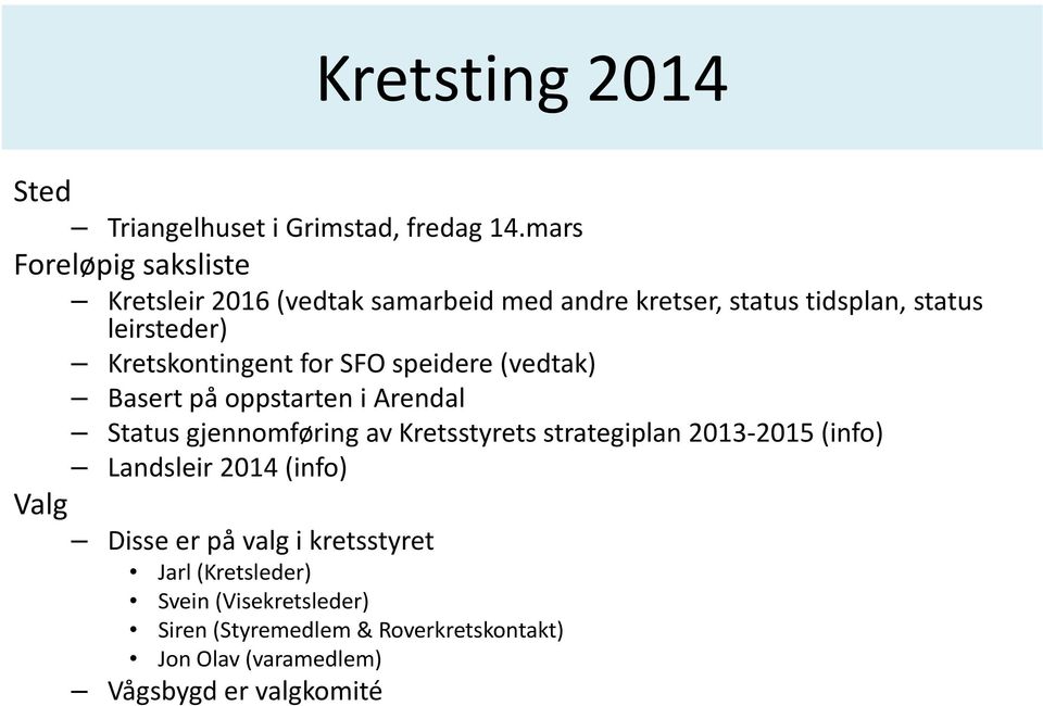 Kretskontingent for SFO speidere (vedtak) Basert på oppstarten i Arendal Status gjennomføring av Kretsstyrets strategiplan