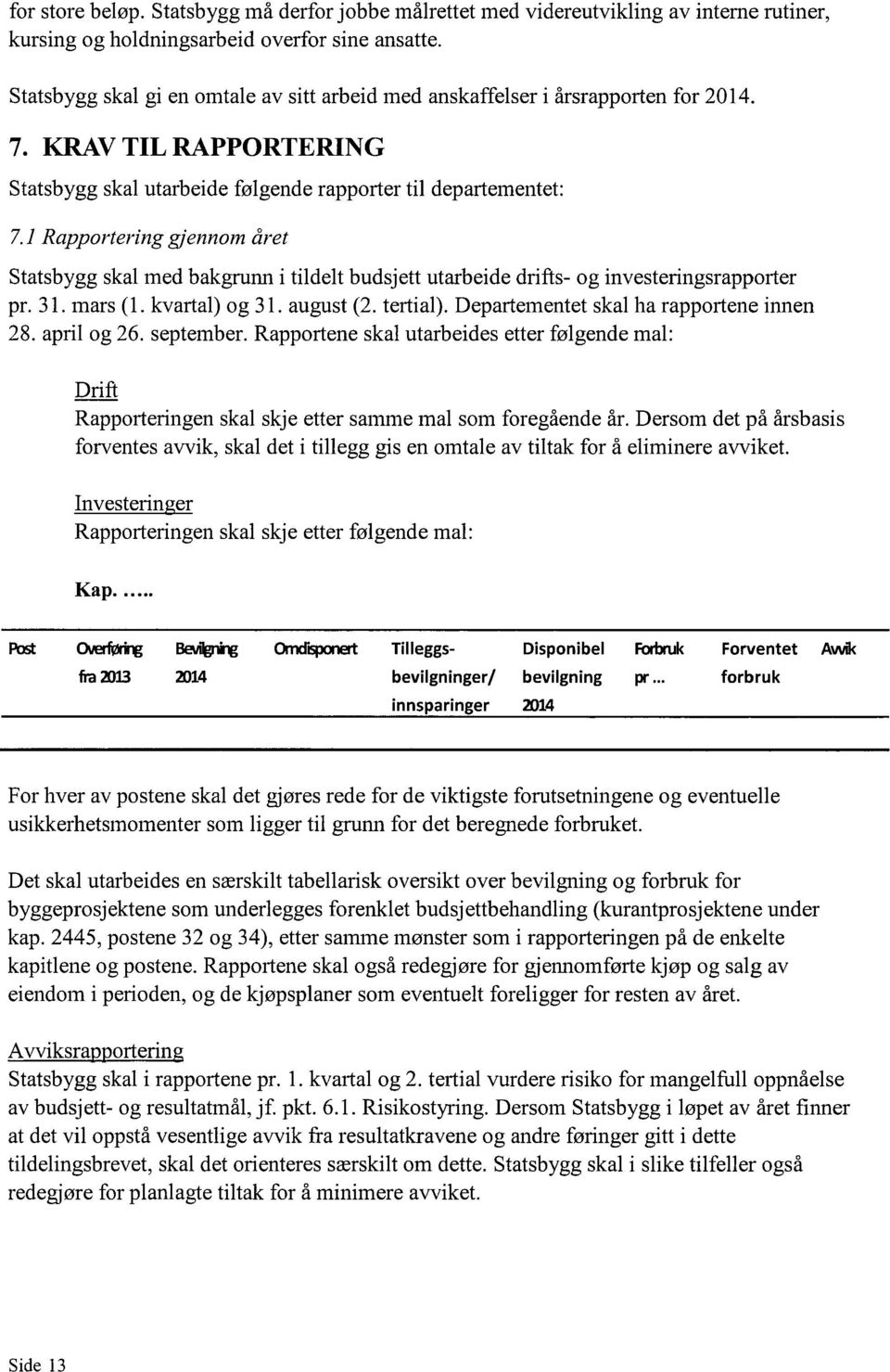 1Rapportering gjennom året Statsbygg skal med bakgrunn i tildelt budsjett utarbeide drifts- og investeringsrapporter pr. 31. mars (1. kvartal) og 31. august (2. tertial).