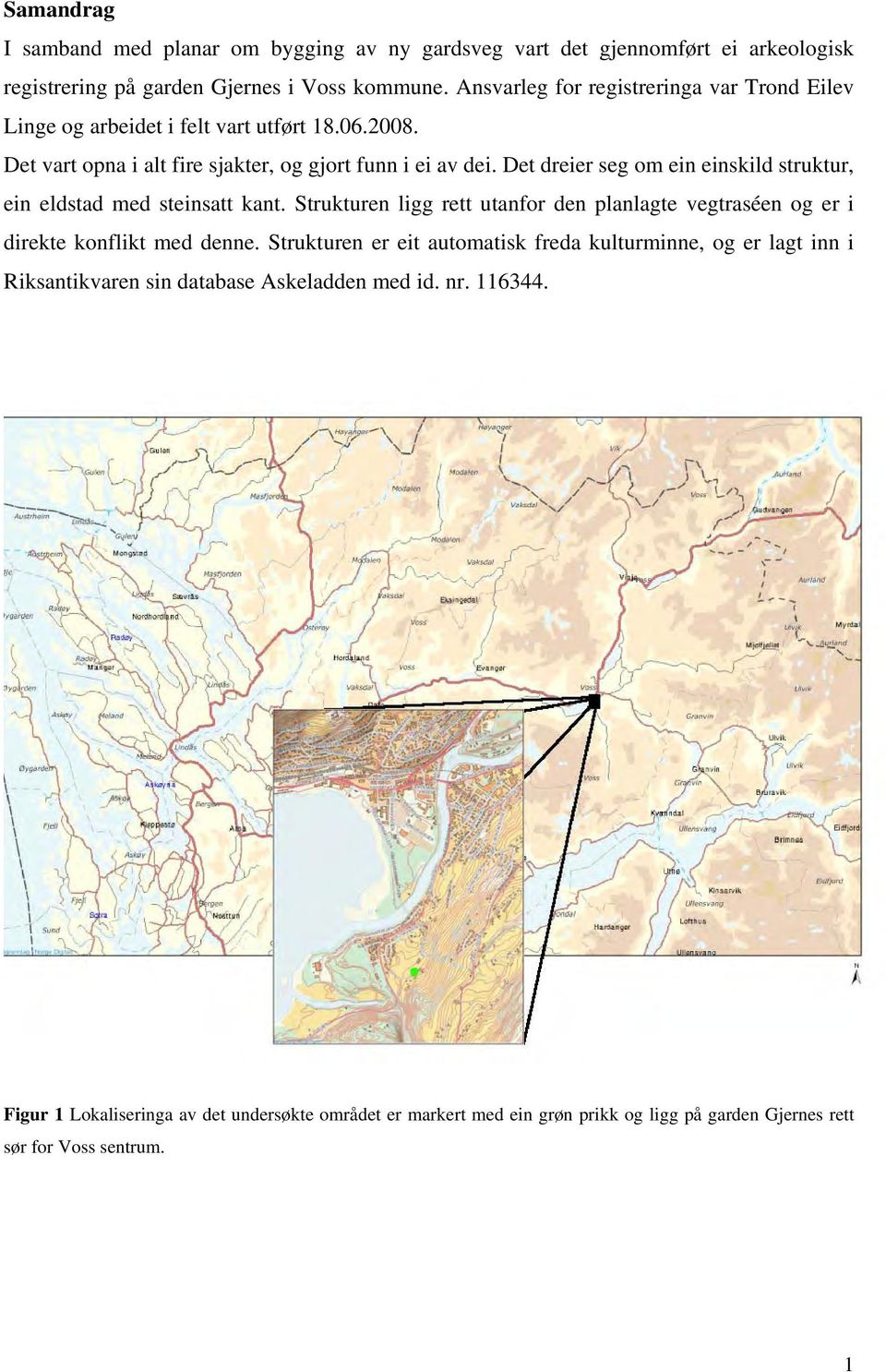 Det dreier seg om ein einskild struktur, ein eldstad med steinsatt kant. Strukturen ligg rett utanfor den planlagte vegtraséen og er i direkte konflikt med denne.