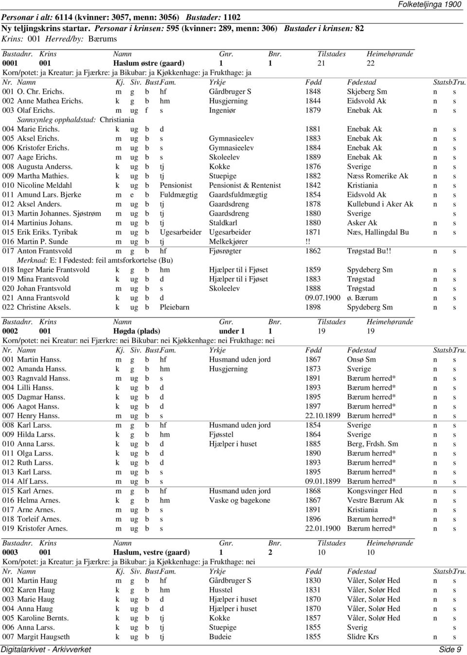 Bikubar: ja Kjøkkenhage: ja Frukthage: ja 001 O. Chr. Erichs. m g b hf Gårdbruger S 1848 Skjeberg Sm n s 002 Anne Mathea Erichs. k g b hm Husgjerning 1844 Eidsvold Ak n s 003 Olaf Erichs.