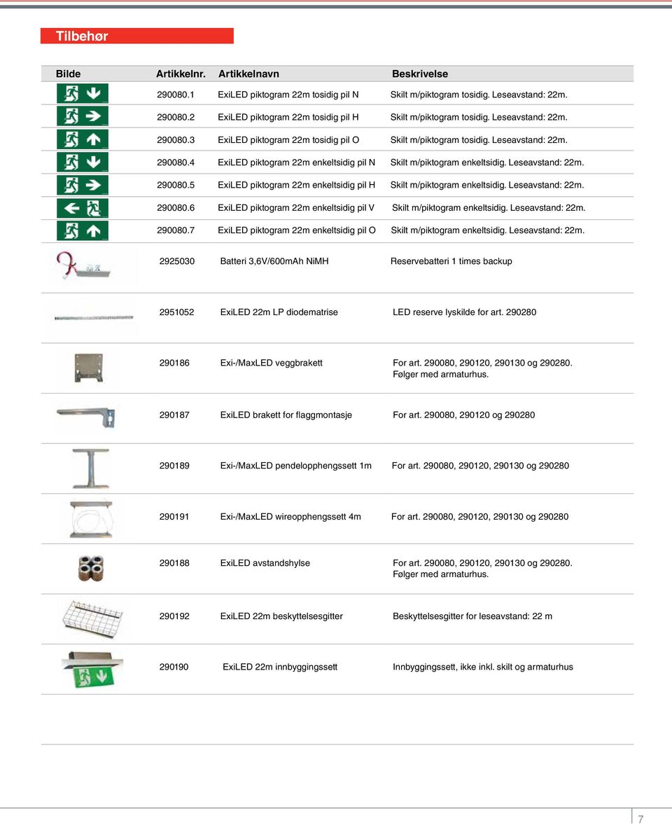 Leseavstand: 22m. 290080.5 ExiLED piktogram 22m enkeltsidig pil H Skilt m/piktogram enkeltsidig. Leseavstand: 22m. 290080.6 ExiLED piktogram 22m enkeltsidig pil V Skilt m/piktogram enkeltsidig.