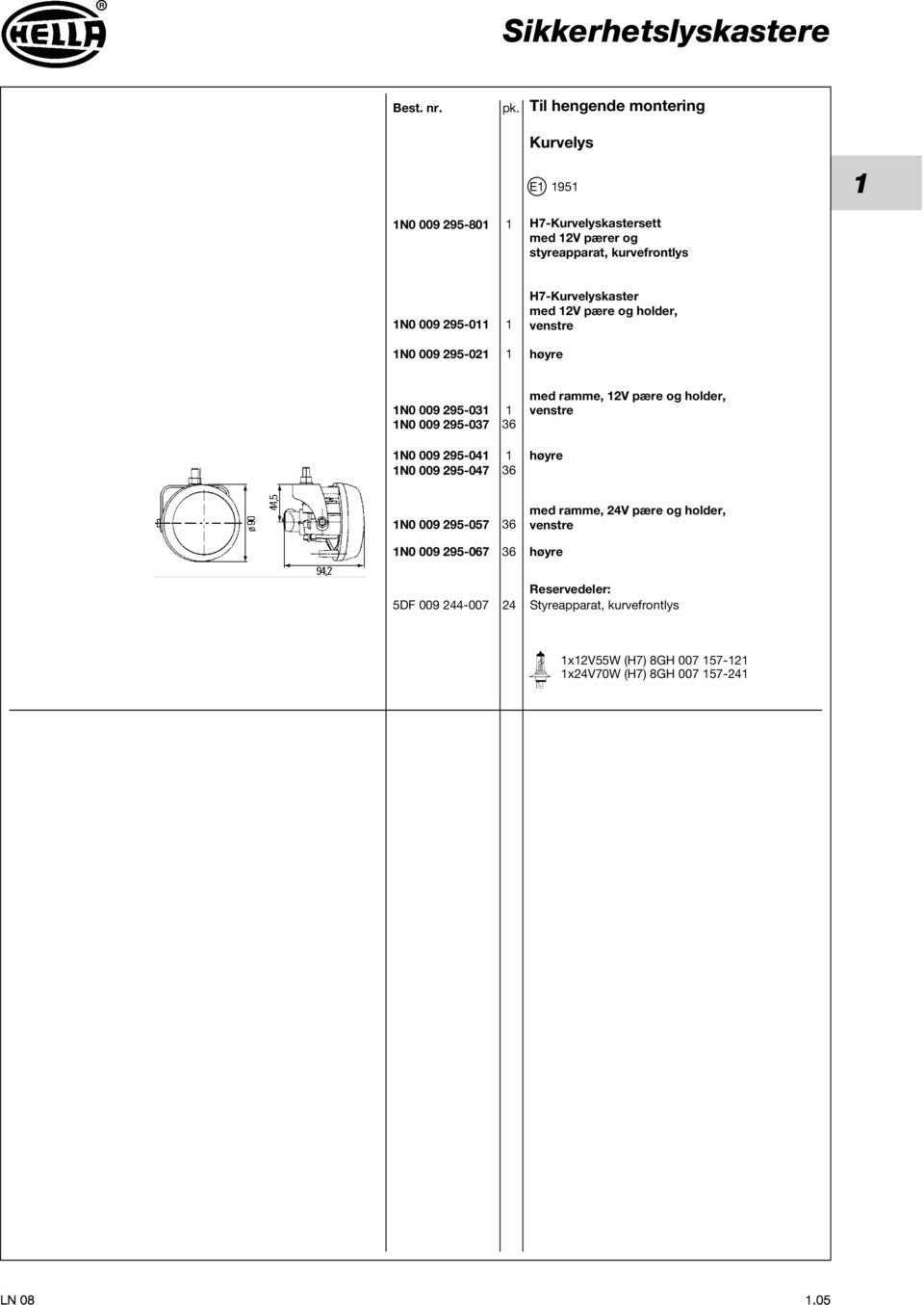 1 1N0 009 295-021 1 H7-Kurvelyskaster me 12V pære og holer, venstre høyre 1N0 009 295-031 1 1N0 009 295-037 36 1N0 009 295-041 1 1N0 009