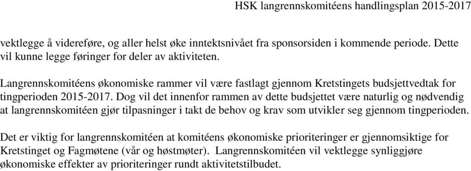 Dog vil det innenfor rammen av dette budsjettet være naturlig og nødvendig at langrennskomitéen gjør tilpasninger i takt de behov og krav som utvikler seg gjennom