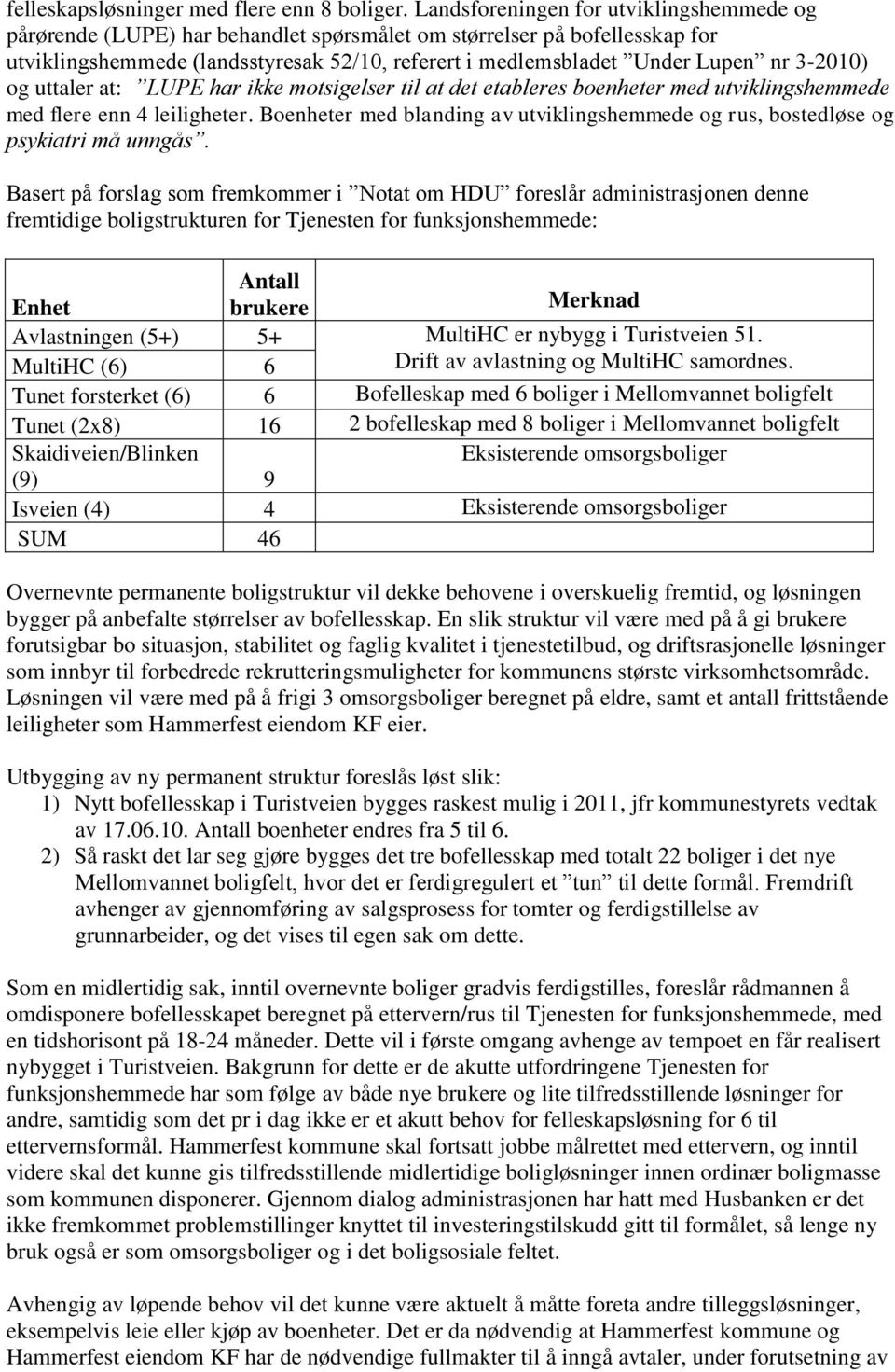 3-2010) og uttaler at: LUPE har ikke motsigelser til at det etableres boenheter med utviklingshemmede med flere enn 4 leiligheter.