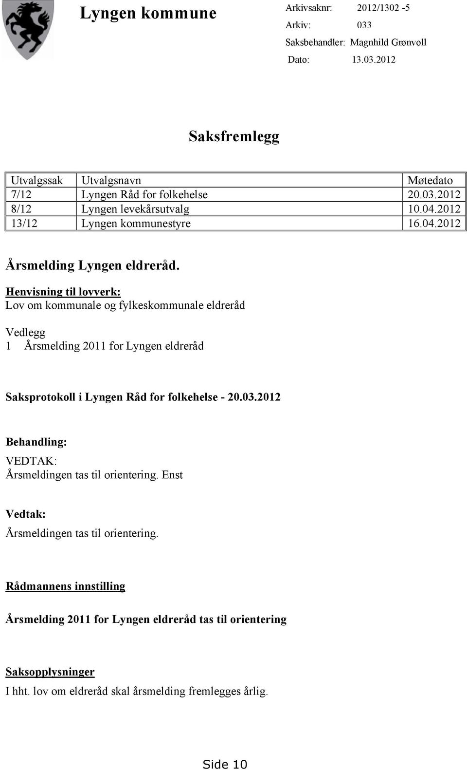 Henvisning til lovverk: Lov om kommunale og fylkeskommunale eldreråd Vedlegg 1 Årsmelding 2011 for Lyngen eldreråd Saksprotokoll i Lyngen Råd for folkehelse - 20.03.